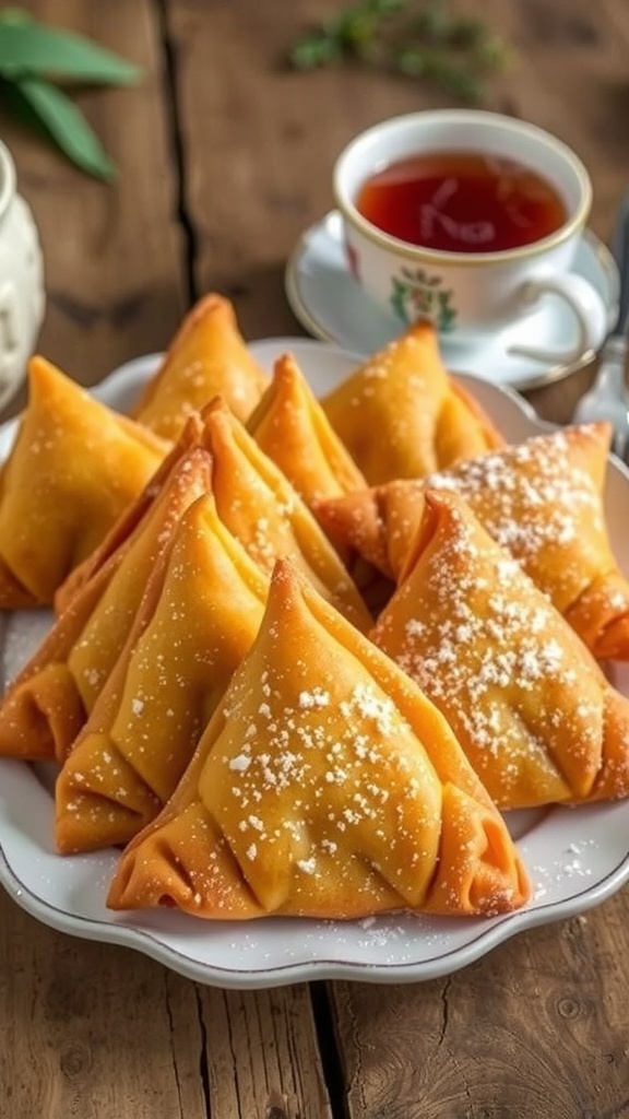 Golden-brown yeast mandazi on a plate, dusted with powdered sugar, with a cup of tea in the background.